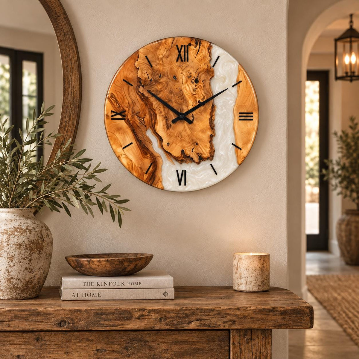 Pearl resin clock showing the burl grain and natural cracks