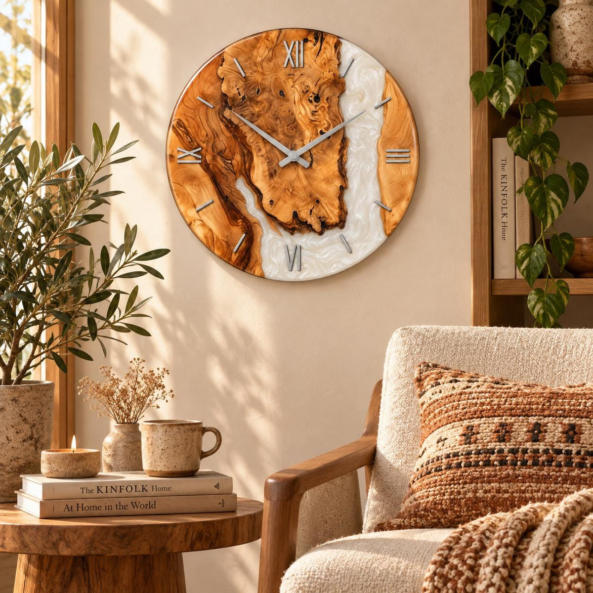 White pearl epoxy clock on a neutral wall