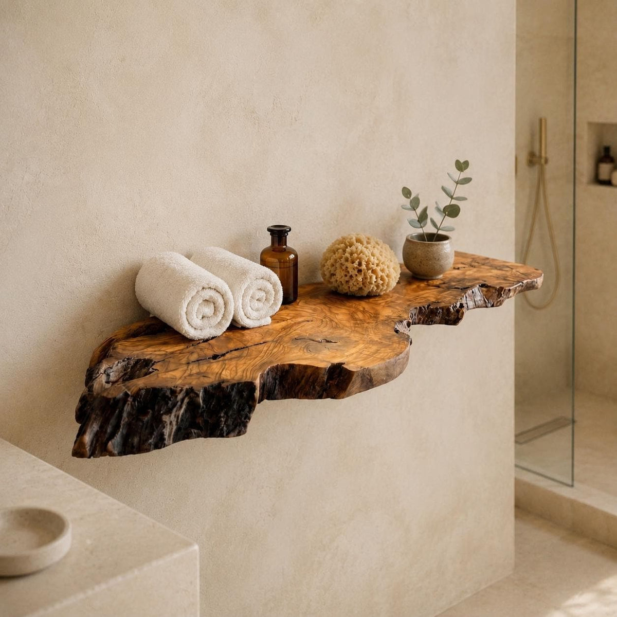 Close view of the olive wood shelf surface and live edge