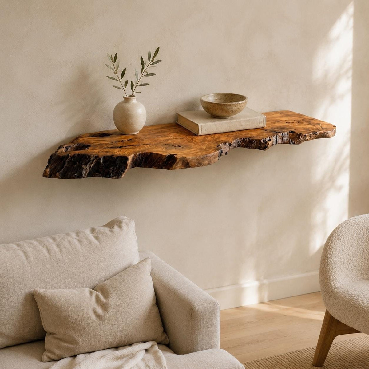 Olive wood floating shelf, full view