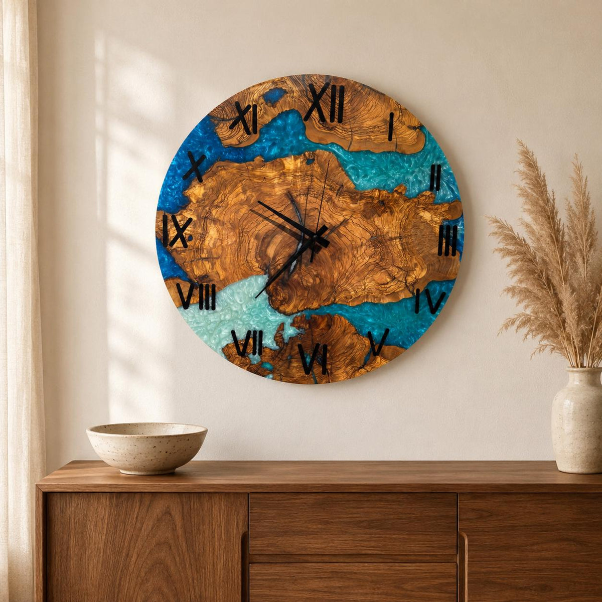 Coastal resin wall clock shown in a room setting