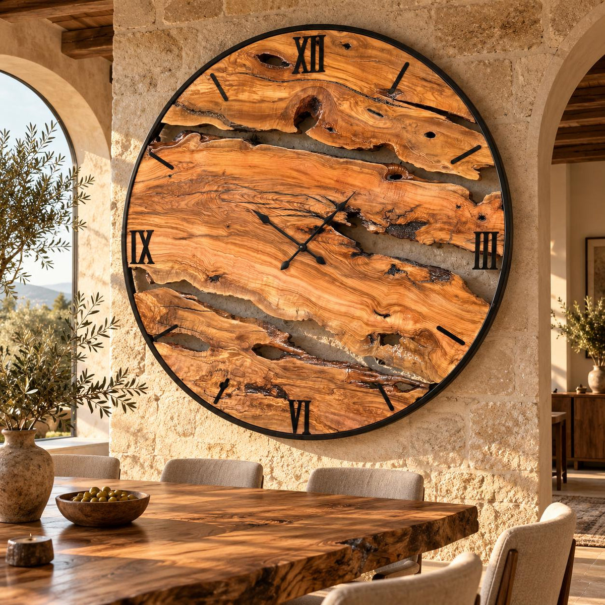 Styled interior view of the oversized live edge olive wood wall clock on a feature wall