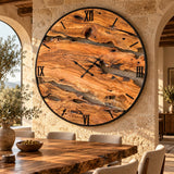 Styled interior view of the oversized live edge olive wood wall clock on a feature wall