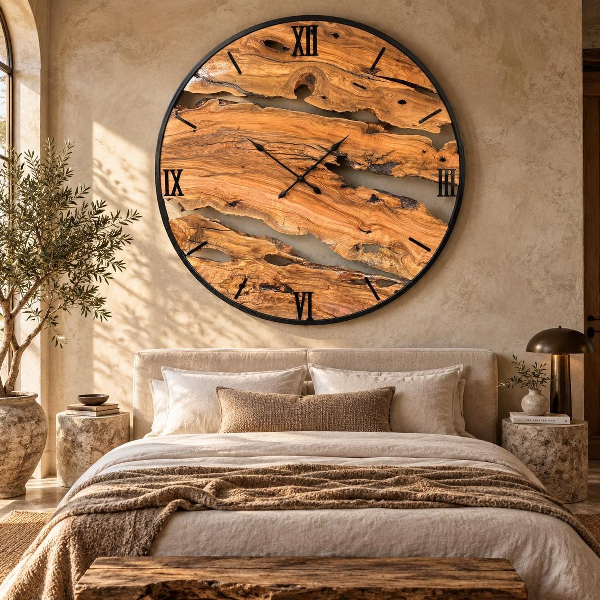 Handmade extra large olive wood wall clock showing natural grain, organic voids and oversized scale