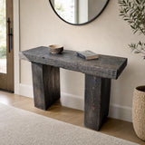 Slim reclaimed wood hallway table in a contemporary corridor with neutral styling