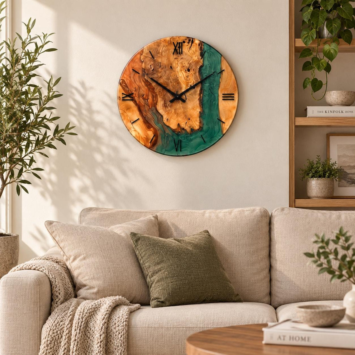 Emerald green epoxy clock above a beige sofa in a warm Scandinavian living room