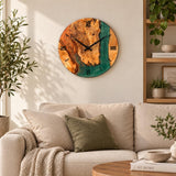 Emerald green epoxy clock above a beige sofa in a warm Scandinavian living room