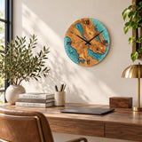 Turquoise epoxy clock in a home office with a warm wood desk