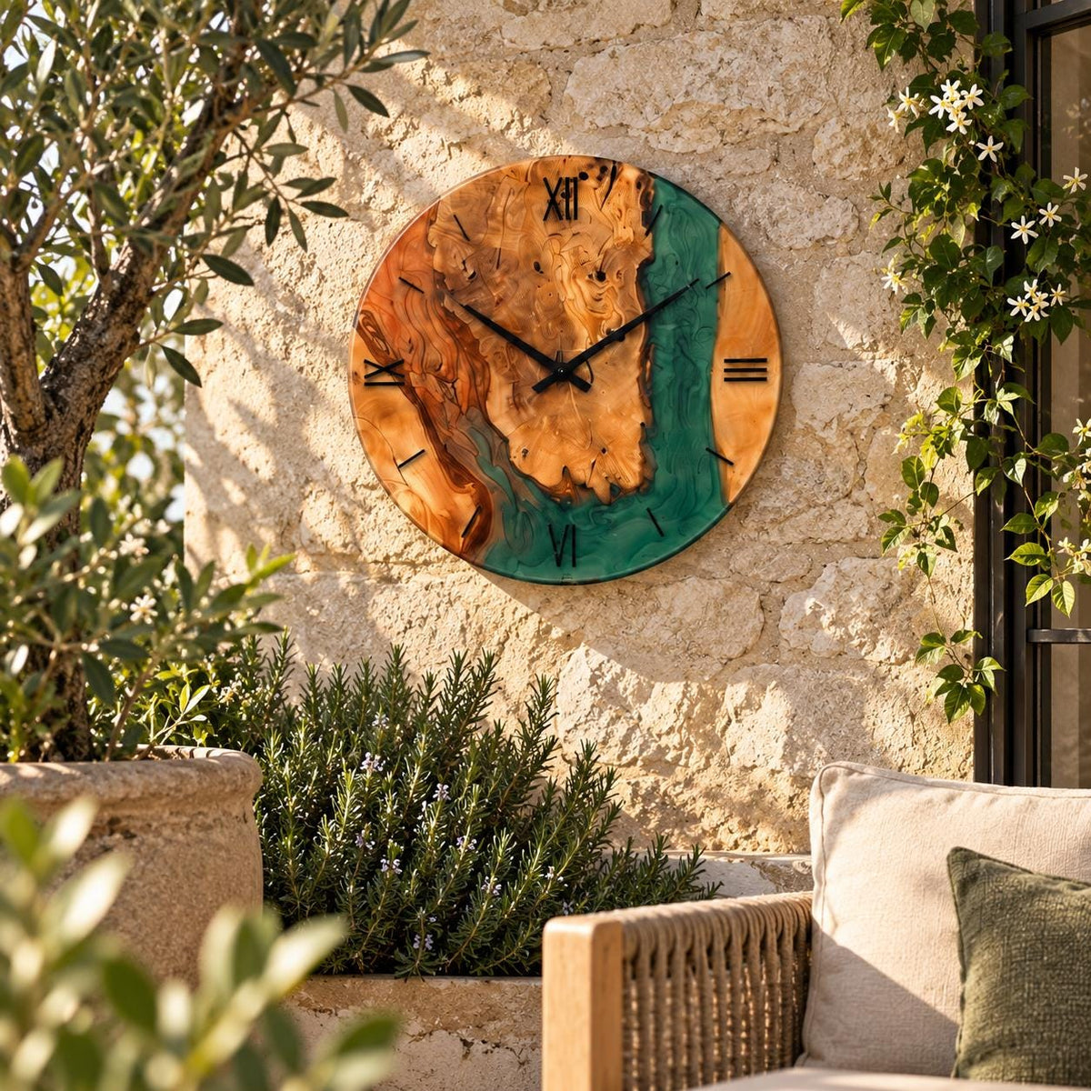 Emerald green epoxy clock on a Mediterranean stone garden wall