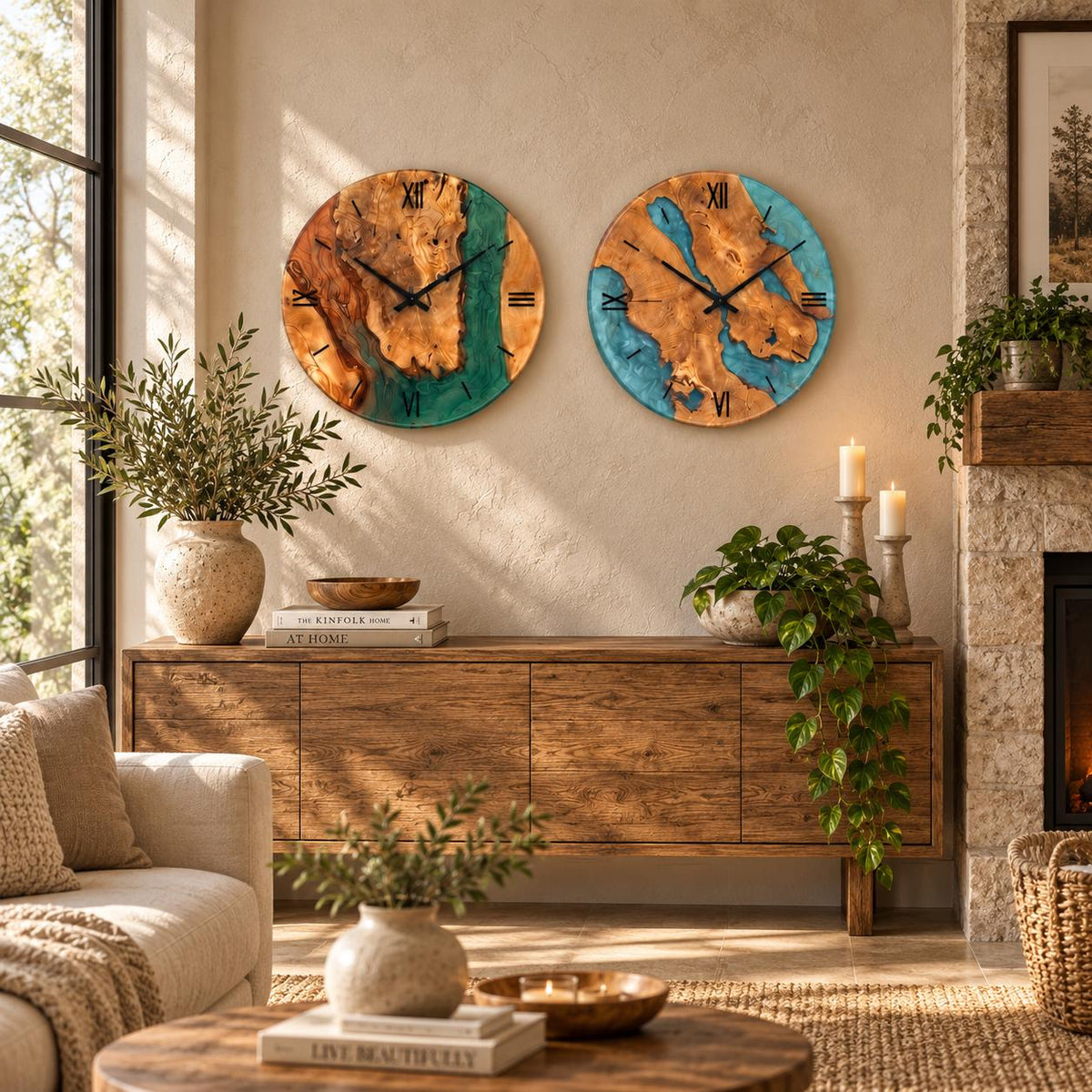 Green and turquoise epoxy clocks in a rustic modern living room