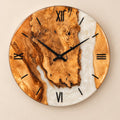 Handmade olive wood wall clock with pearl white epoxy resin, black Roman numerals and black hands