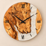 Handmade olive wood wall clock with pearl white epoxy resin, black Roman numerals and black hands