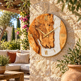 White epoxy olive wood clock with gold hardware