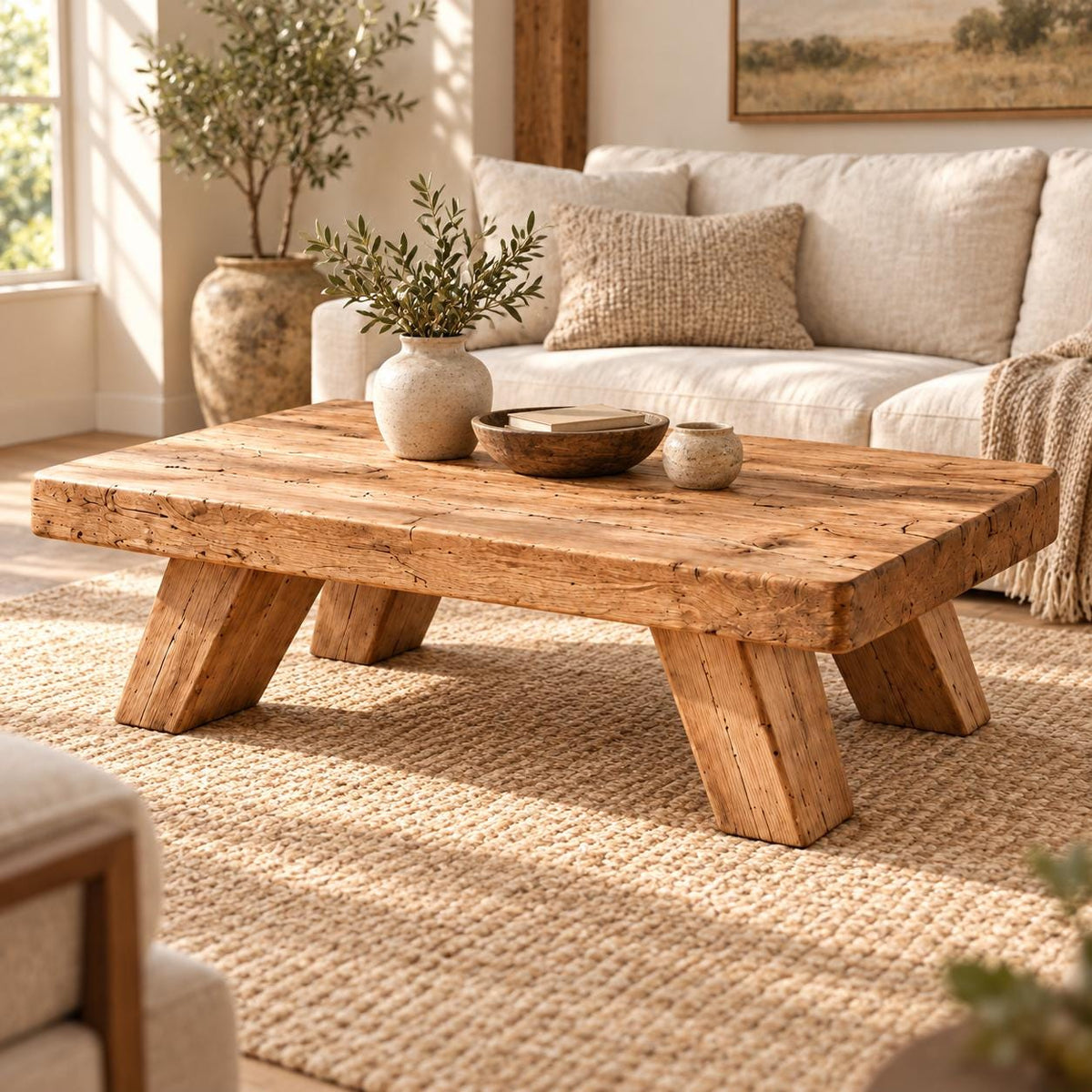 Rustic solid wood coffee table in a Scandinavian interior