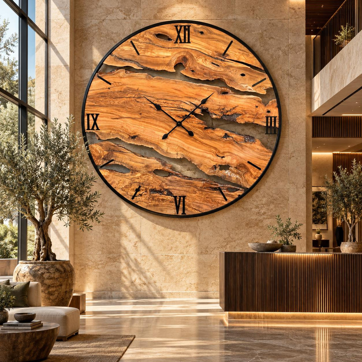 Extra large handmade olive wood wall clock in a warm Mediterranean-inspired setting