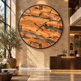 Extra large handmade olive wood wall clock in a warm Mediterranean-inspired setting