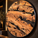 Live edge olive wood wall clock in a minimal room scene as a Mediterranean rustic wall accent