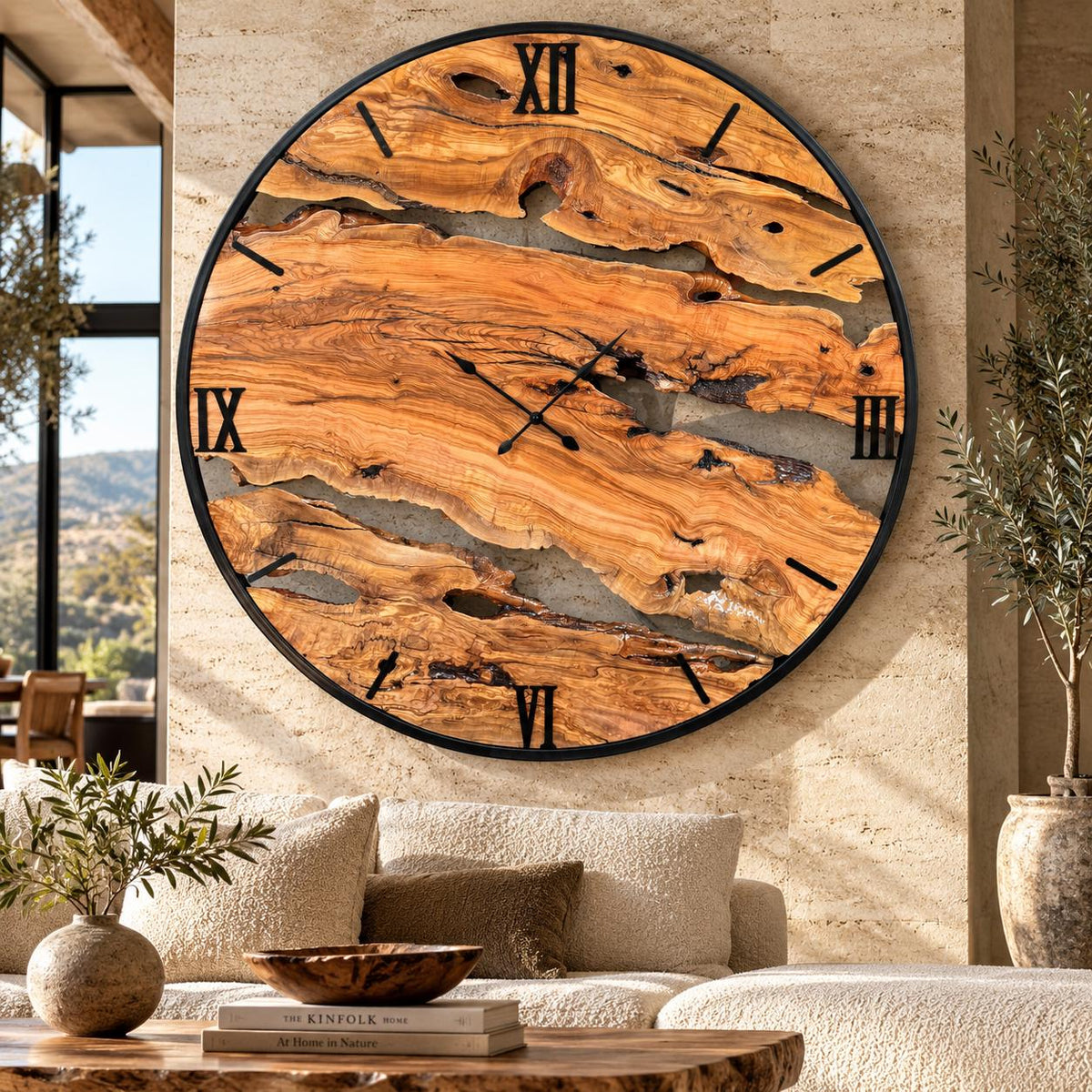 Extra large olive wood wall clock as oversized natural wood statement decor in a modern rustic interior