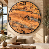 Extra large olive wood wall clock as oversized natural wood statement decor in a modern rustic interior