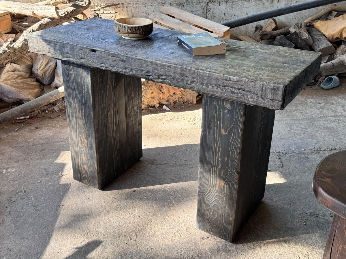 Alternate view of the narrow console table highlighting its natural grain and handmade form