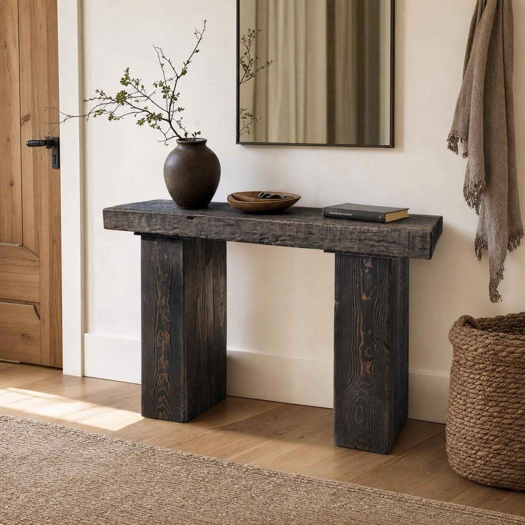 Narrow solid wood console table in a Scandinavian hallway showing its space-saving design