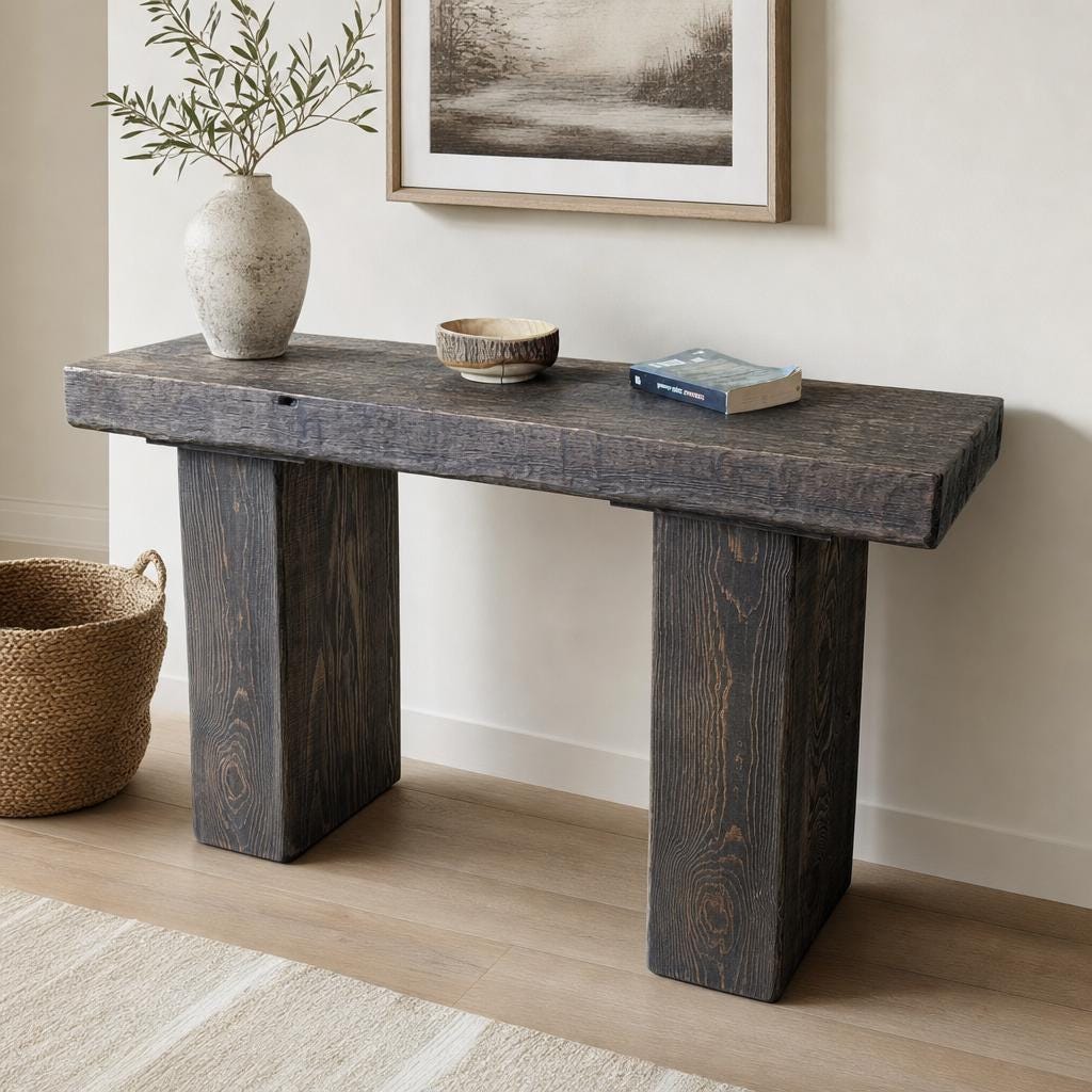 Rustic farmhouse console table in a foyer with natural wood grain and straight legs