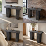 Narrow console table used above a radiator in a bright hallway