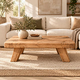 Rustic low coffee table styled in a wabi-sabi interior