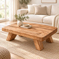 Handmade solid wood coffee table with an extra-thick top in a living room