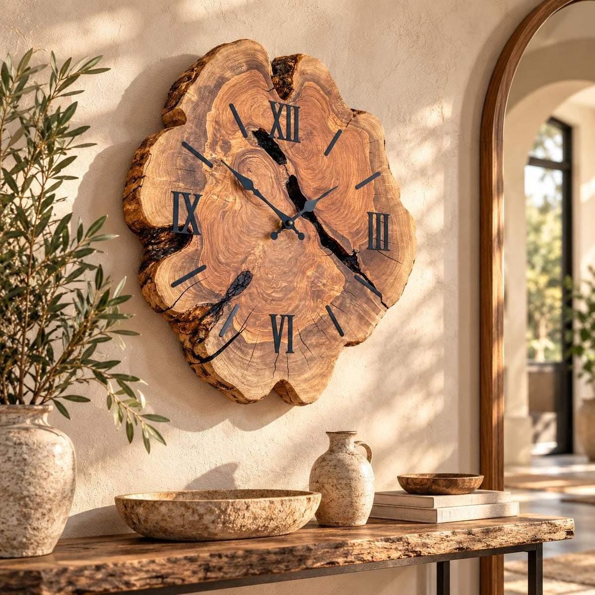 Frameless olive wood clock, numeral style option