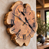 Frameless olive wood clock, numeral colour option