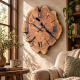 Olive wood clock detail showing hardwax oil finish