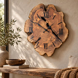 Olive wood grain detail on the frameless clock face