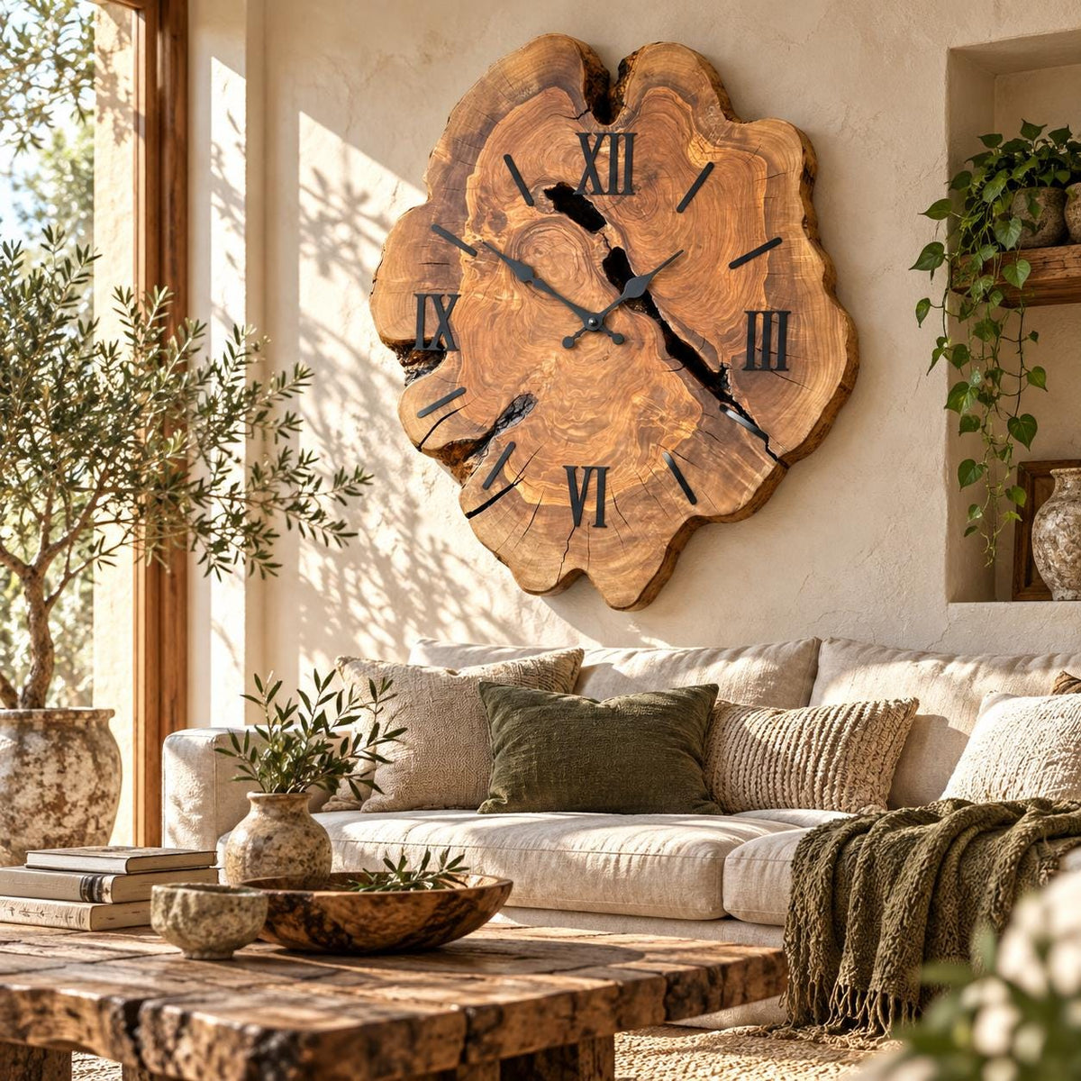 Frameless olive wood clock shown without numerals