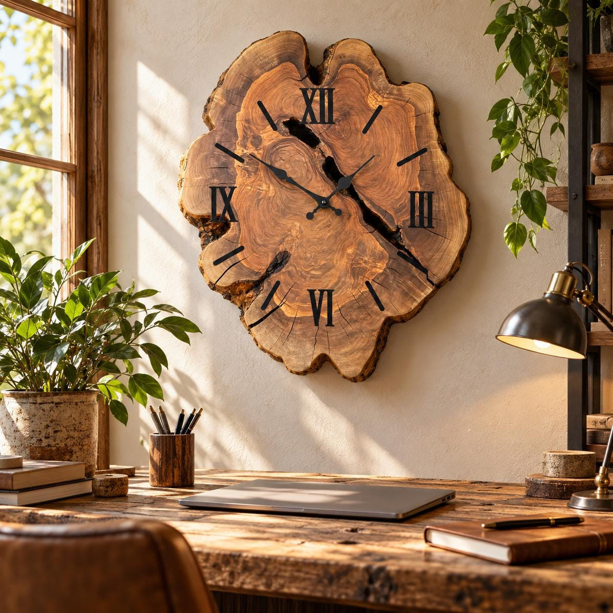 Olive wood wall clock in an interior setting