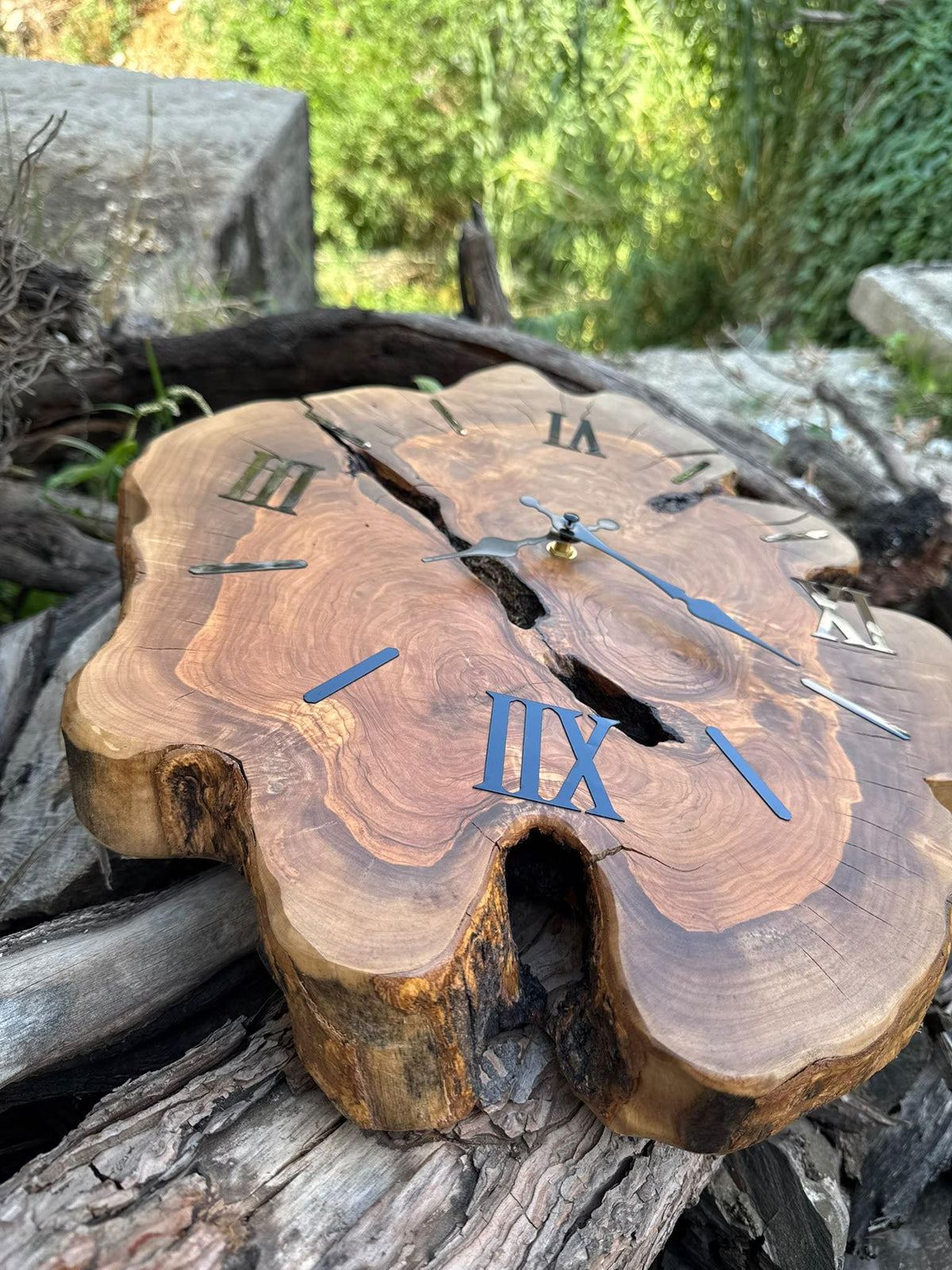 Frameless live edge olive wood wall clock
