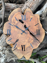 Frameless live edge olive wood wall clock, alternate view