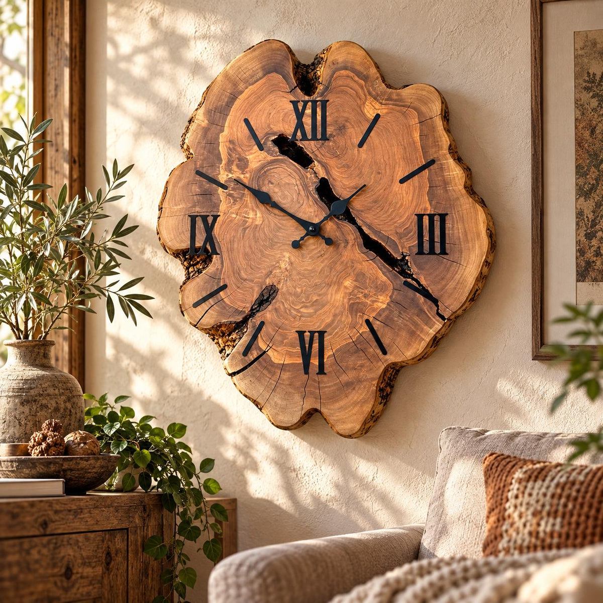 Olive wood wall clock styled in a room setting