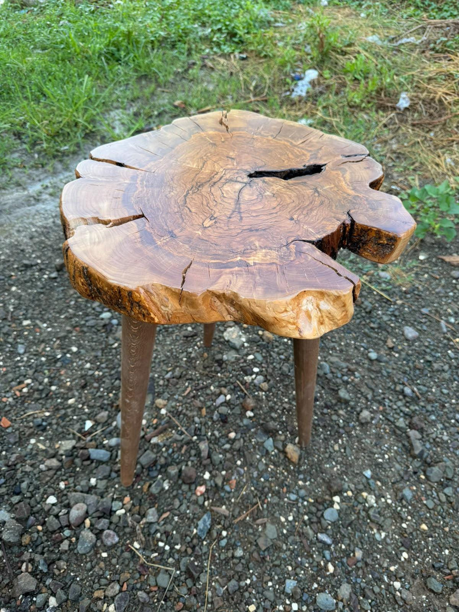 Olive tree coffee table with live edge slab top and tripod legs