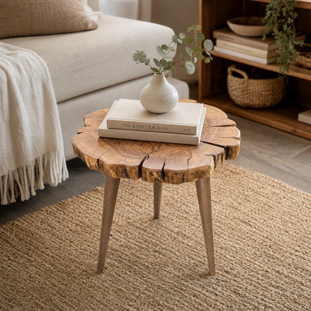 Olive wood slab table top with visible grain rings