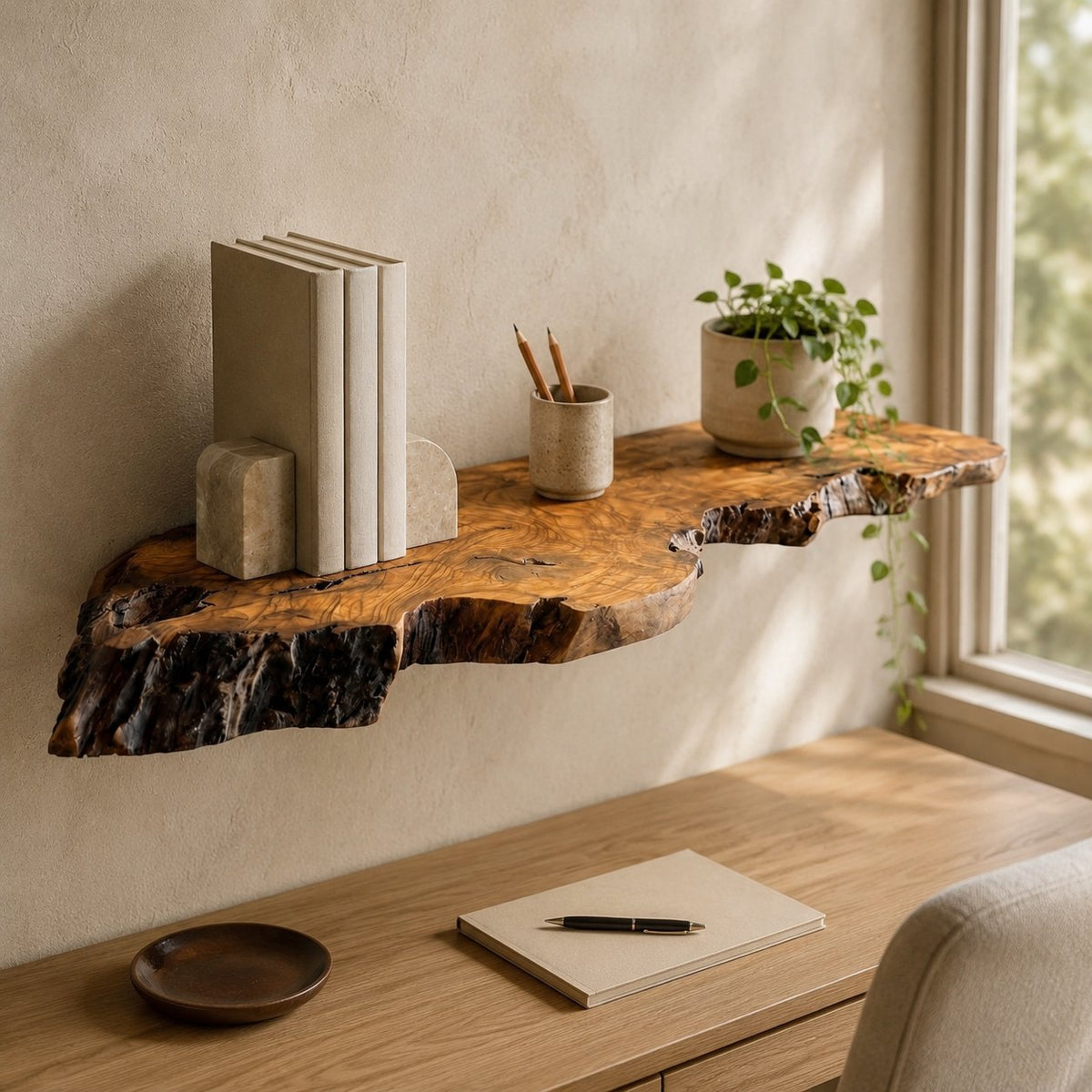Olive wood floating shelf in a home office - visualisation