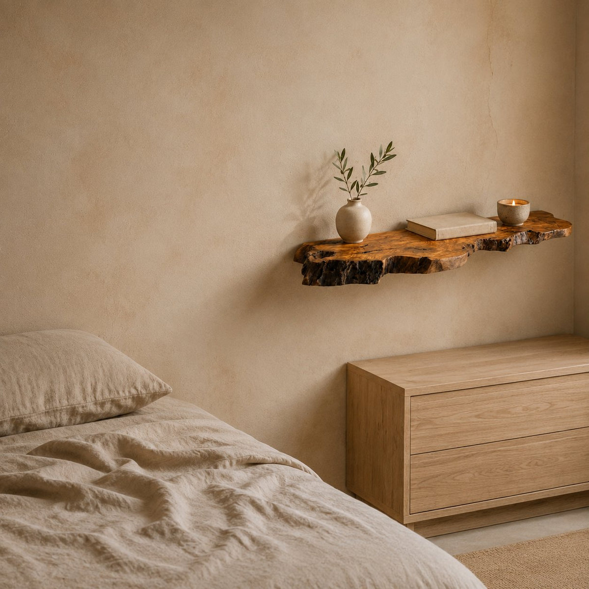 Olive wood floating shelf in a bedroom - visualisation