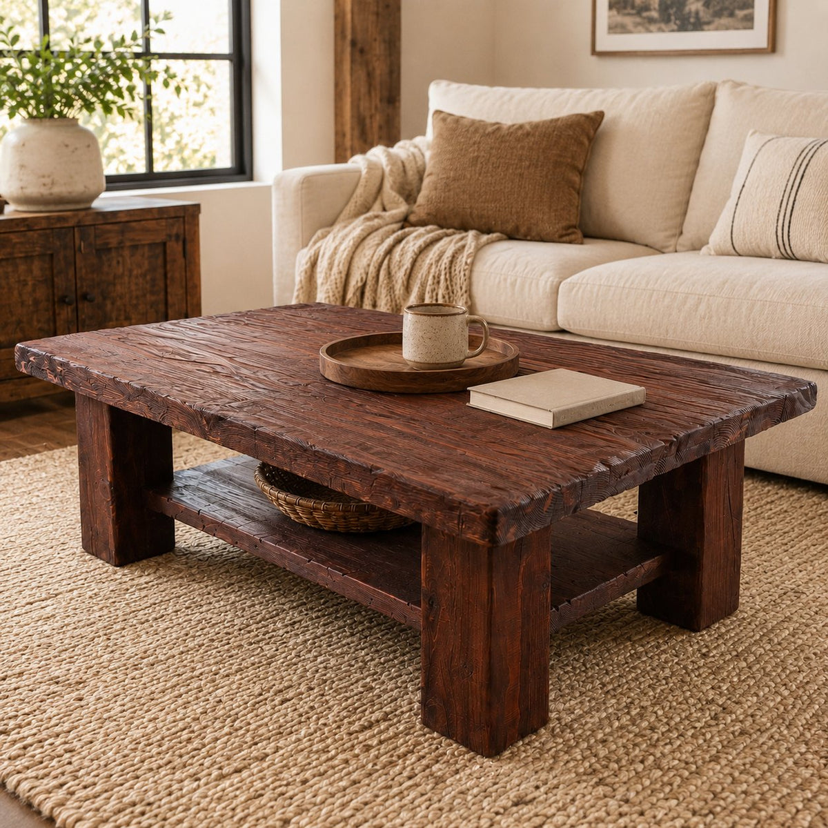 Cedar coffee table with lower shelf in a living room - visualisation