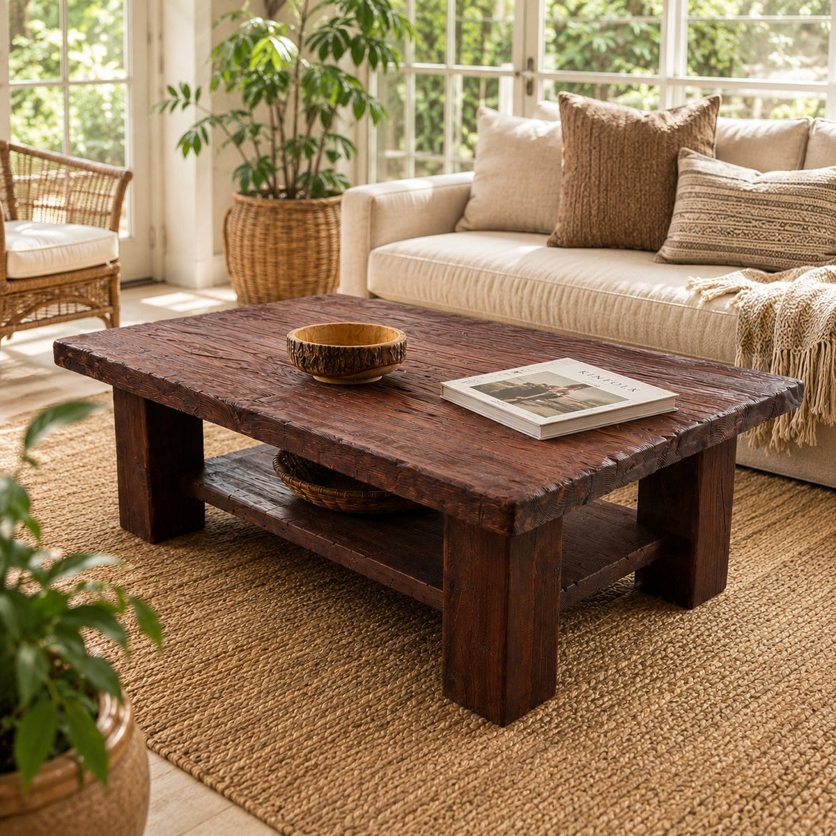 Cedar coffee table with lower shelf, rattan chair - visualisation