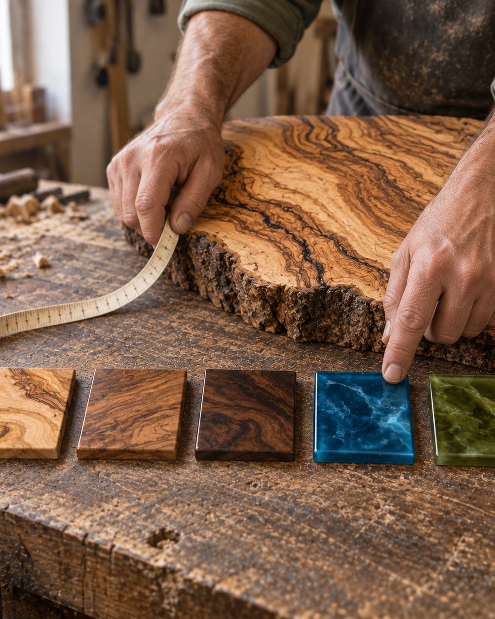 A tape measure and wood and resin samples laid out on the bench to choose a finish