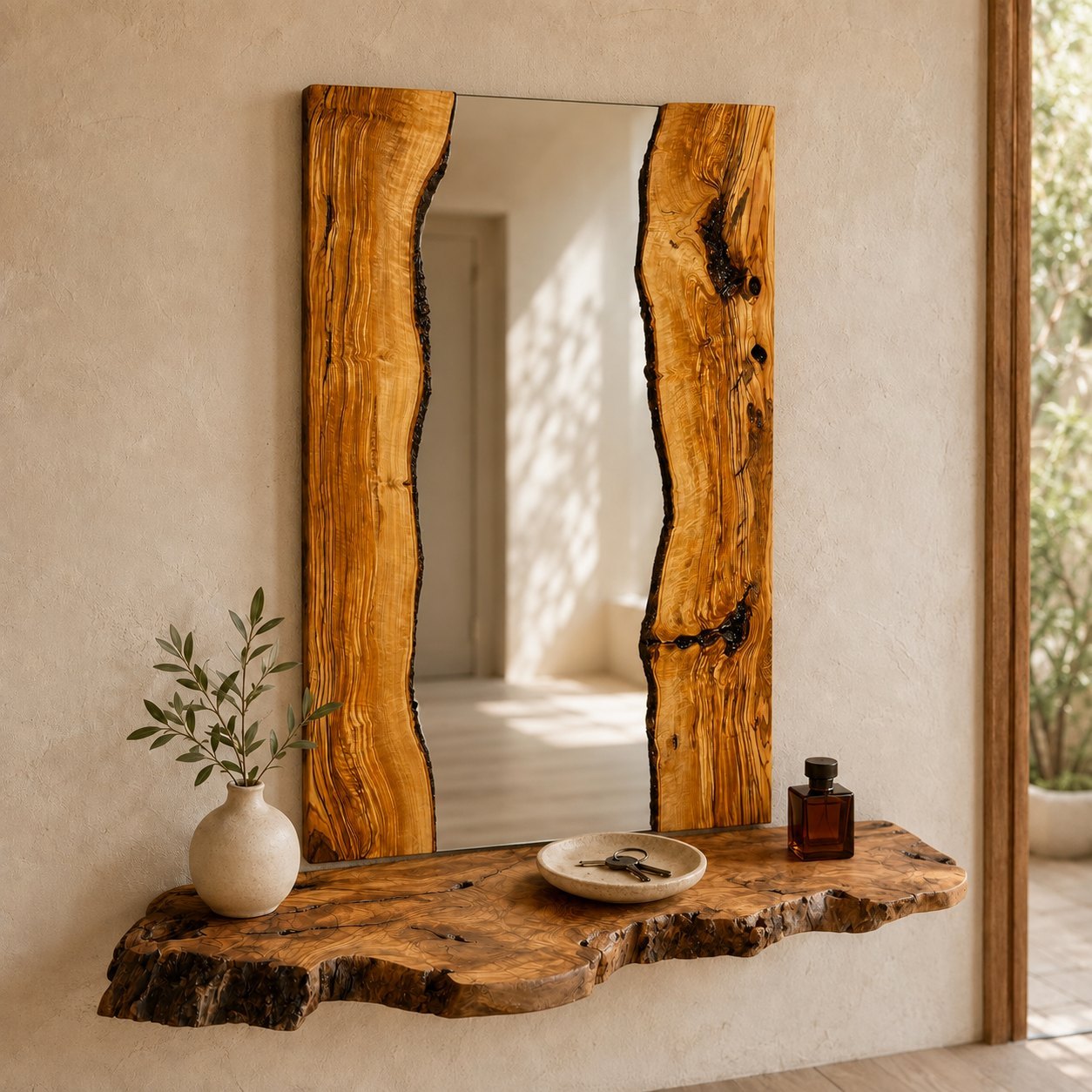 Olive Wood Round Wall Mirror — visualised in the hallway