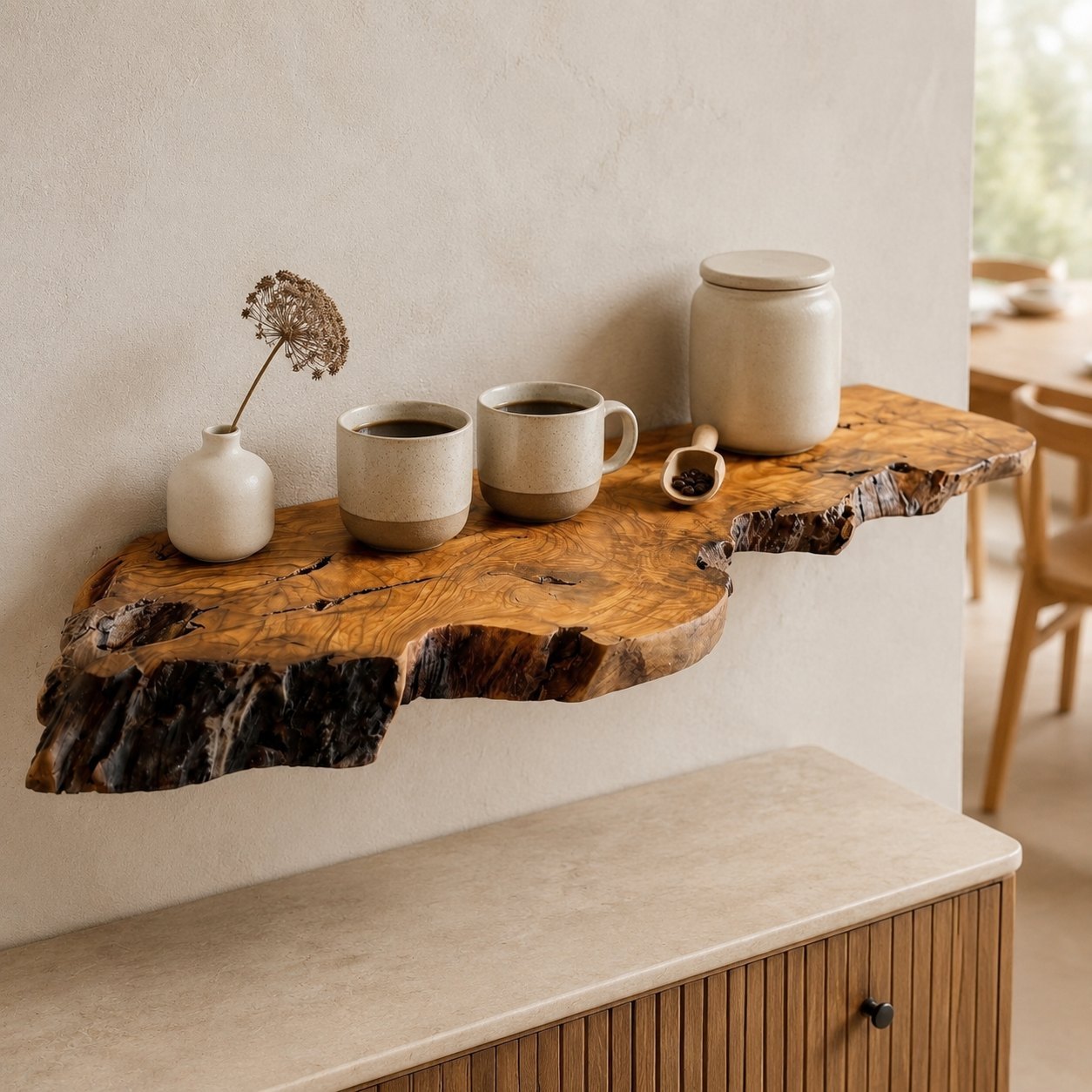 Reclaimed Olive Wood Floating Shelf — visualised in the kitchen