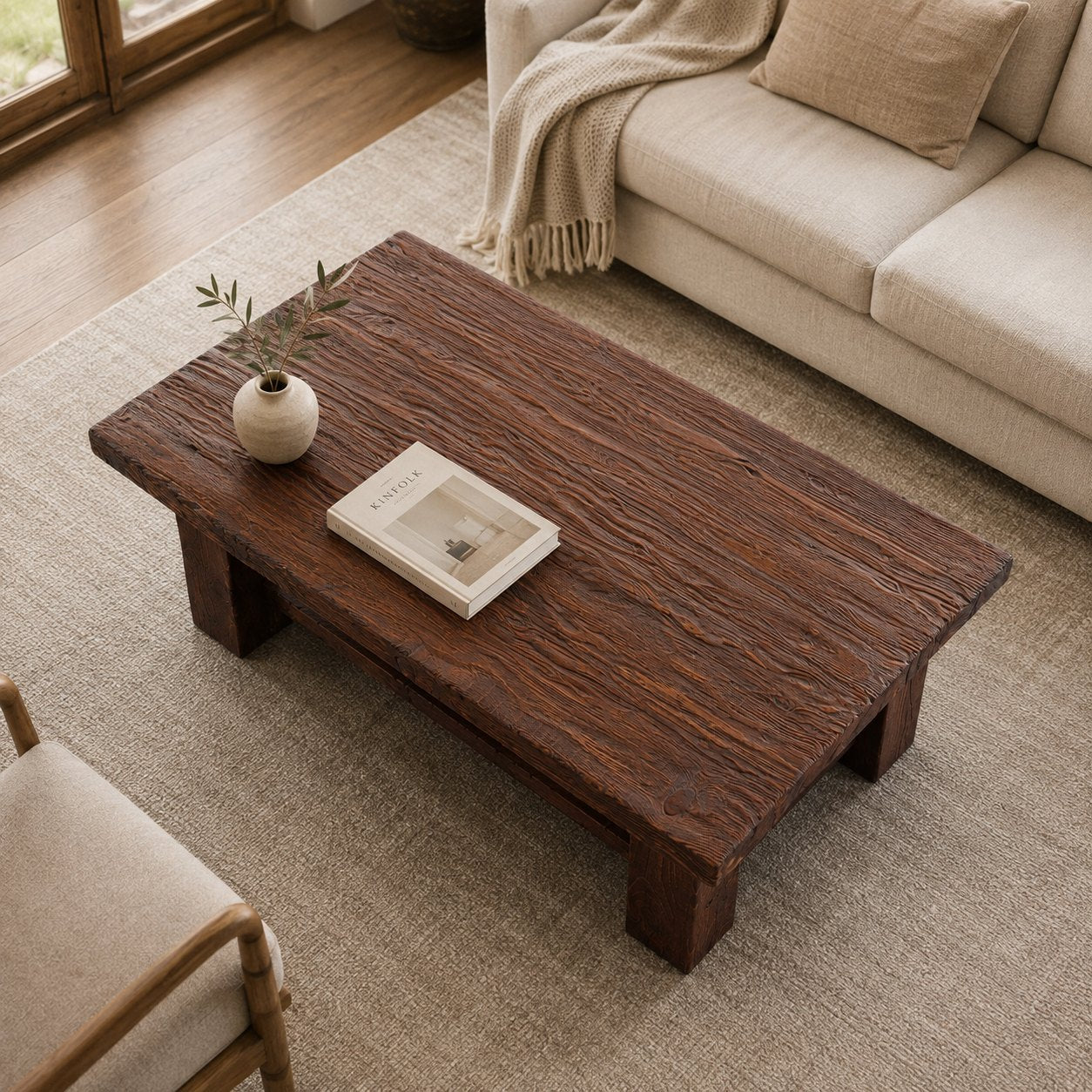 Rustic Cedar Coffee Table — visualised in the living room
